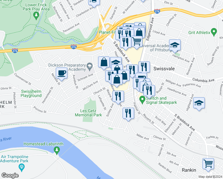 map of restaurants, bars, coffee shops, grocery stores, and more near 7407 Church Street in Pittsburgh