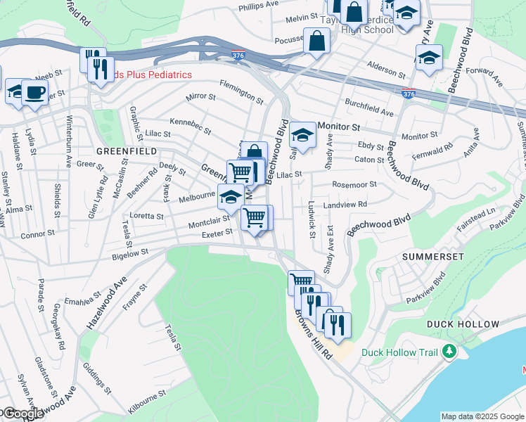 map of restaurants, bars, coffee shops, grocery stores, and more near 3478 Beechwood Boulevard in Pittsburgh