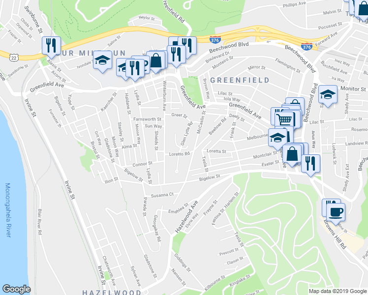 map of restaurants, bars, coffee shops, grocery stores, and more near 4273 Glen Lytle Road in Pittsburgh