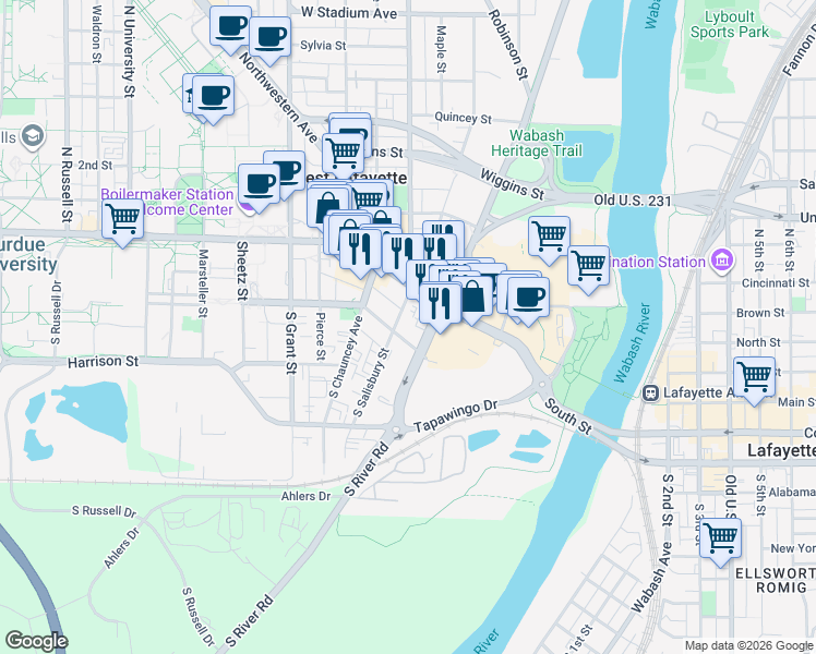 map of restaurants, bars, coffee shops, grocery stores, and more near 112 East Wood Street in West Lafayette