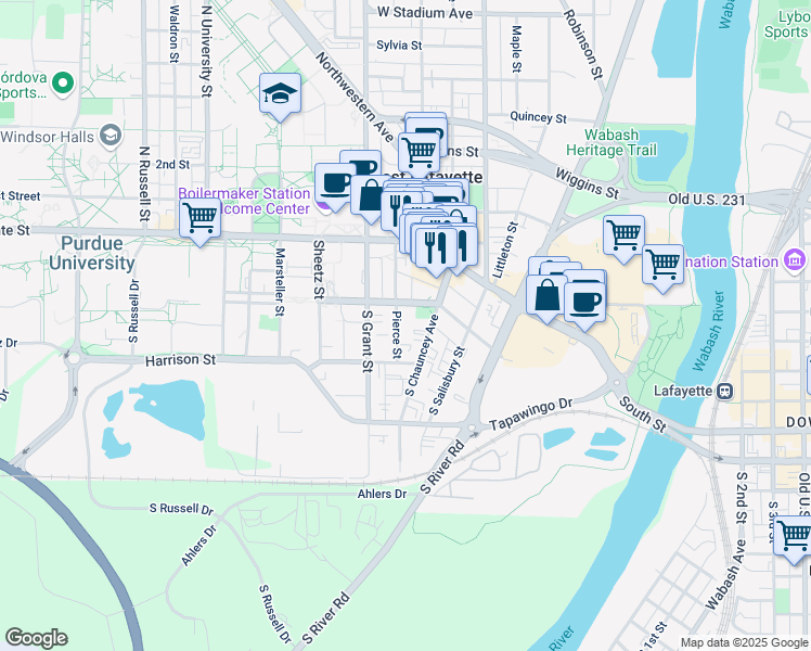 map of restaurants, bars, coffee shops, grocery stores, and more near 135 South Chauncey Avenue in West Lafayette