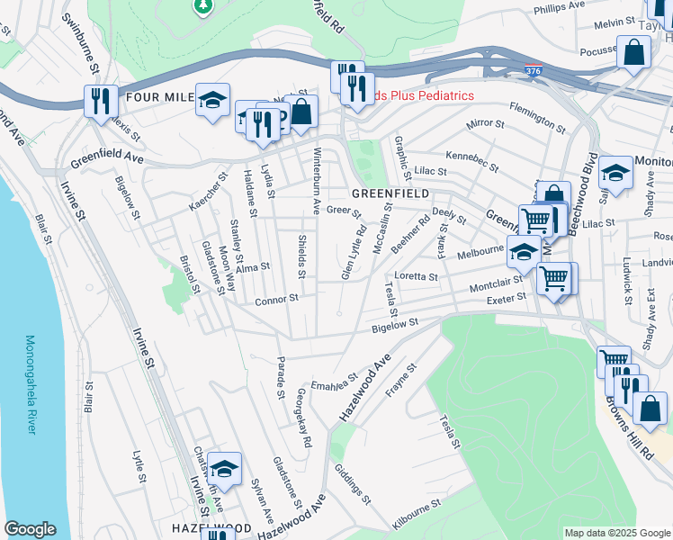 map of restaurants, bars, coffee shops, grocery stores, and more near 4251 Winterburn Avenue in Pittsburgh