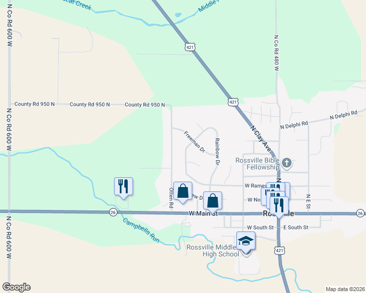 map of restaurants, bars, coffee shops, grocery stores, and more near 8 Freeman Drive in Rossville