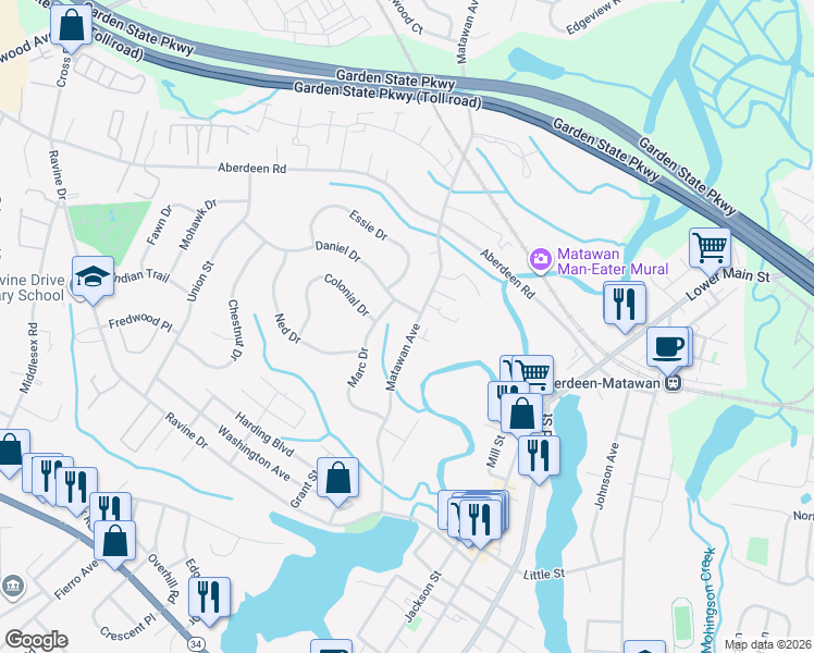 map of restaurants, bars, coffee shops, grocery stores, and more near 230 Matawan Avenue in Matawan