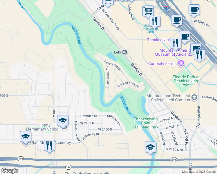 map of restaurants, bars, coffee shops, grocery stores, and more near 2837 North Turnberry Court in Lehi