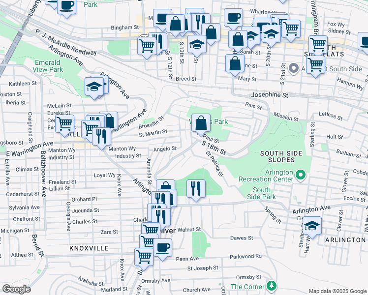 map of restaurants, bars, coffee shops, grocery stores, and more near in Pittsburgh