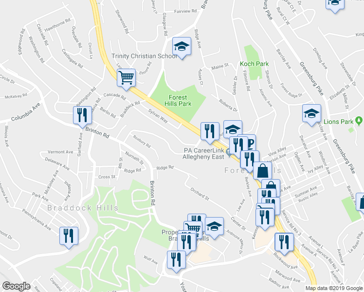 map of restaurants, bars, coffee shops, grocery stores, and more near 712 Cascade Road in Pittsburgh