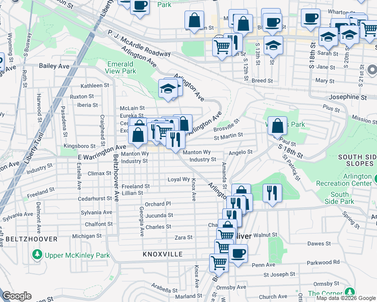 map of restaurants, bars, coffee shops, grocery stores, and more near 929 East Warrington Avenue in Pittsburgh