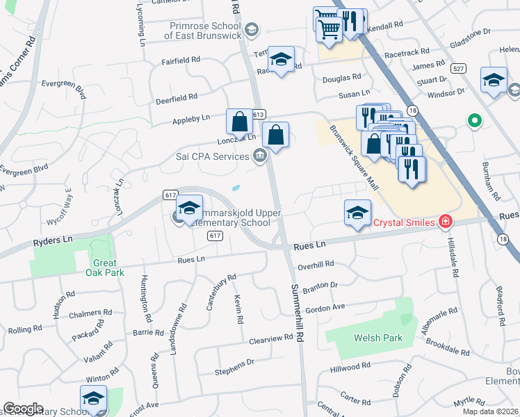 map of restaurants, bars, coffee shops, grocery stores, and more near 74 Brunswick Woods Drive in East Brunswick