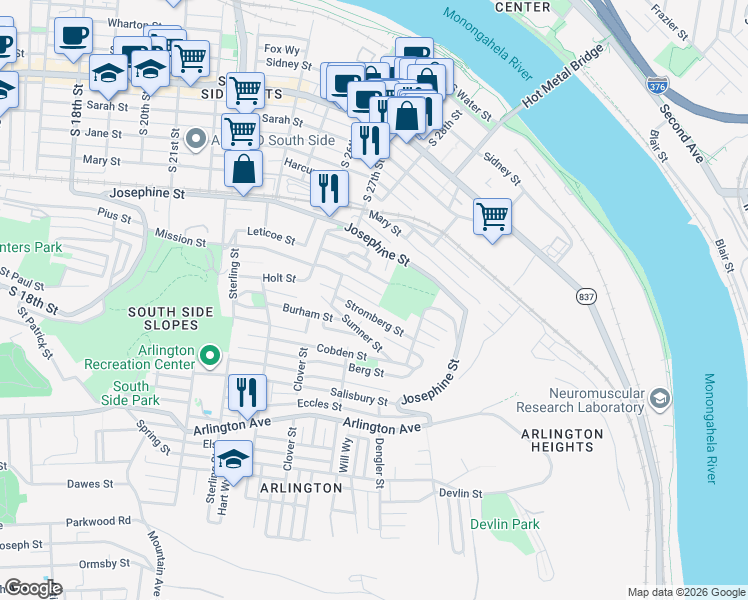 map of restaurants, bars, coffee shops, grocery stores, and more near 2737 Mission Street in Pittsburgh
