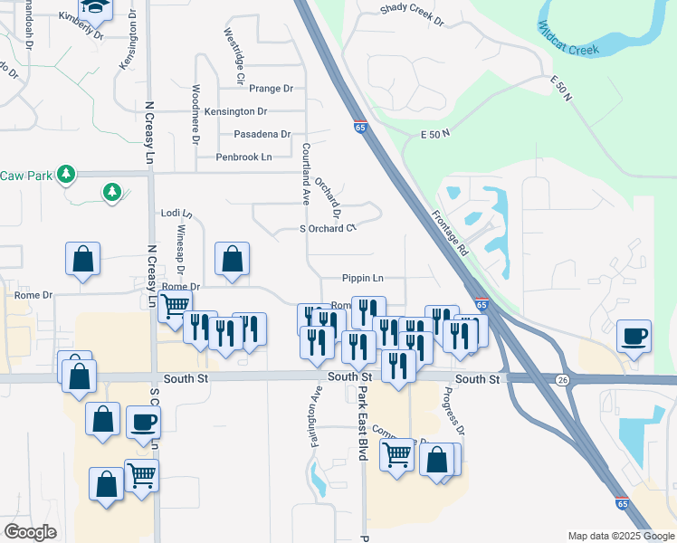 map of restaurants, bars, coffee shops, grocery stores, and more near 19 Stayman Court in Lafayette