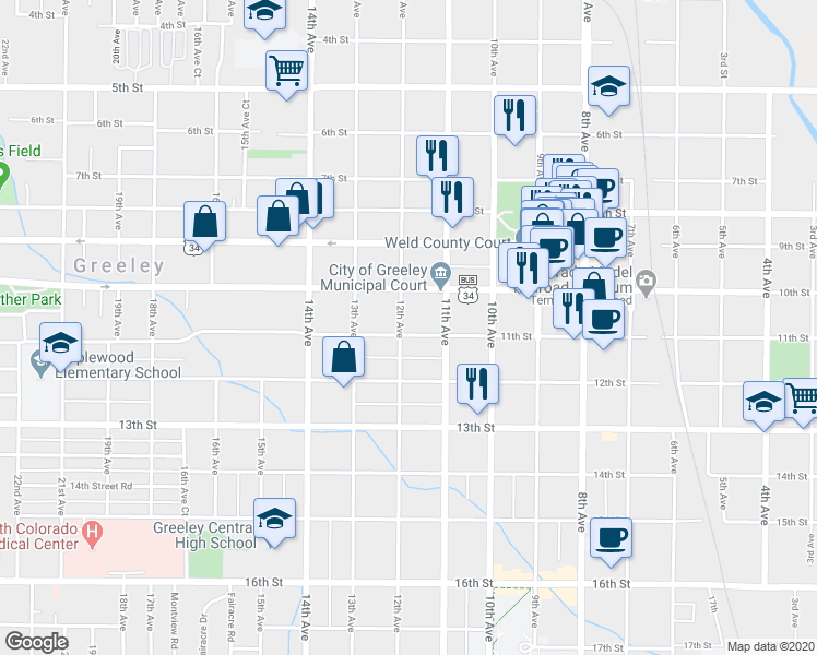 map of restaurants, bars, coffee shops, grocery stores, and more near 1129 11th Street in Greeley