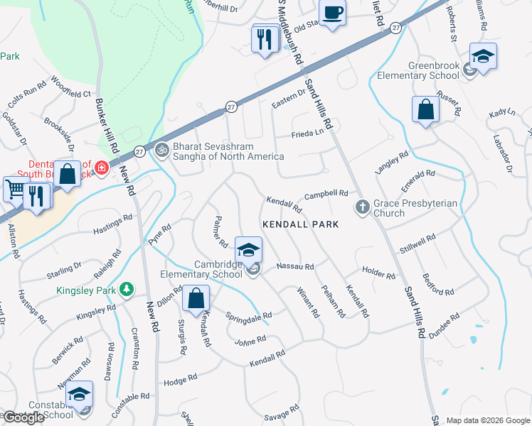 map of restaurants, bars, coffee shops, grocery stores, and more near 1 Forrestal Road in South Brunswick Township