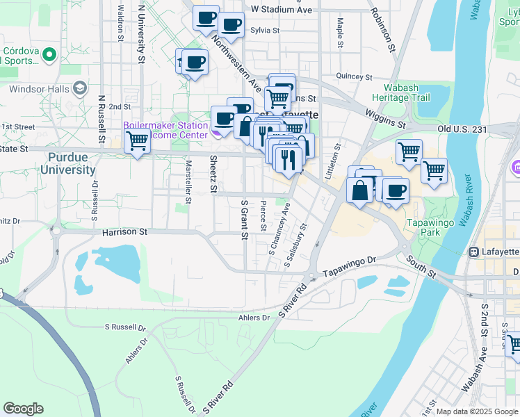 map of restaurants, bars, coffee shops, grocery stores, and more near 261 West Wood Street in West Lafayette