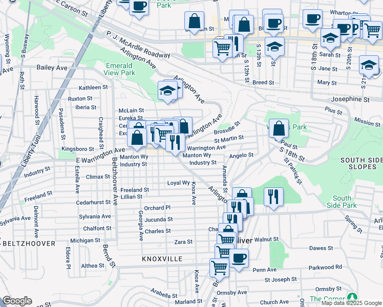 map of restaurants, bars, coffee shops, grocery stores, and more near 929 East Warrington Avenue in Pittsburgh