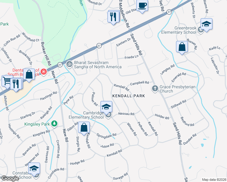 map of restaurants, bars, coffee shops, grocery stores, and more near 1 Forrestal Road in South Brunswick Township
