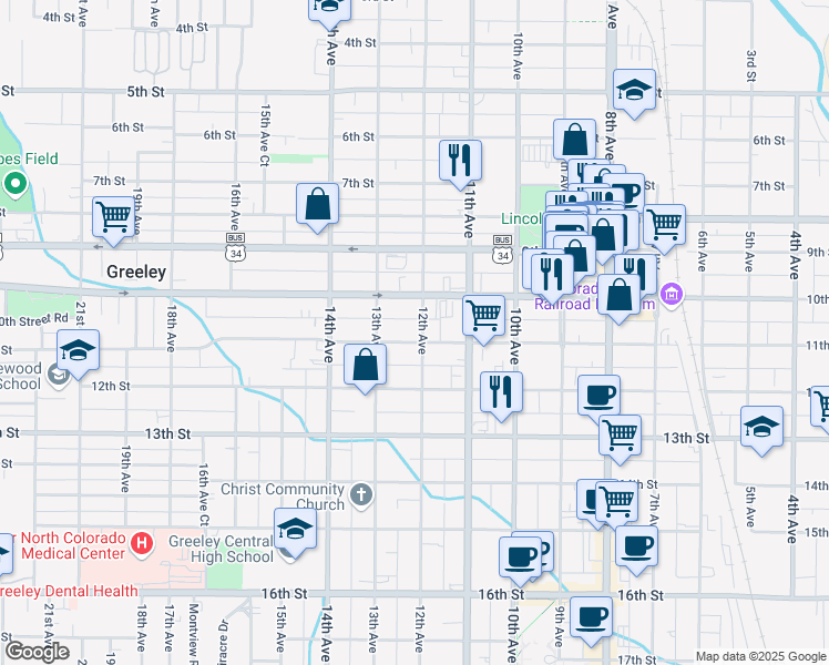 map of restaurants, bars, coffee shops, grocery stores, and more near 1203 11th Street in Greeley