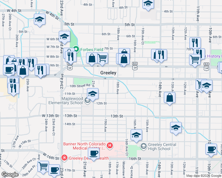 map of restaurants, bars, coffee shops, grocery stores, and more near 1016 19th Avenue in Greeley