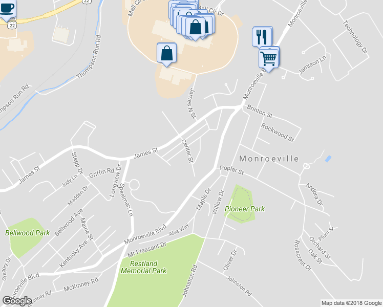 map of restaurants, bars, coffee shops, grocery stores, and more near 206 Center St in Monroeville