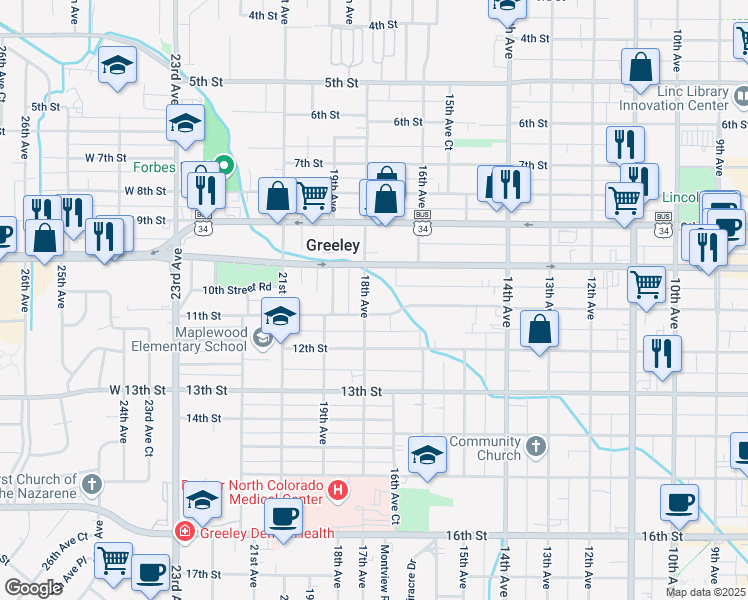 map of restaurants, bars, coffee shops, grocery stores, and more near 1016 18th Avenue in Greeley