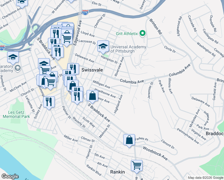 map of restaurants, bars, coffee shops, grocery stores, and more near 2319 Patterson Avenue in Swissvale
