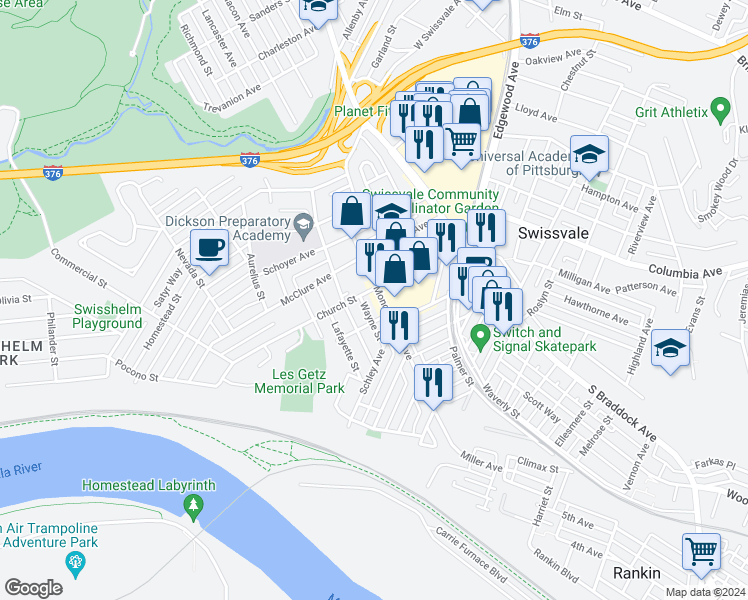 map of restaurants, bars, coffee shops, grocery stores, and more near 7407 Church Street in Pittsburgh