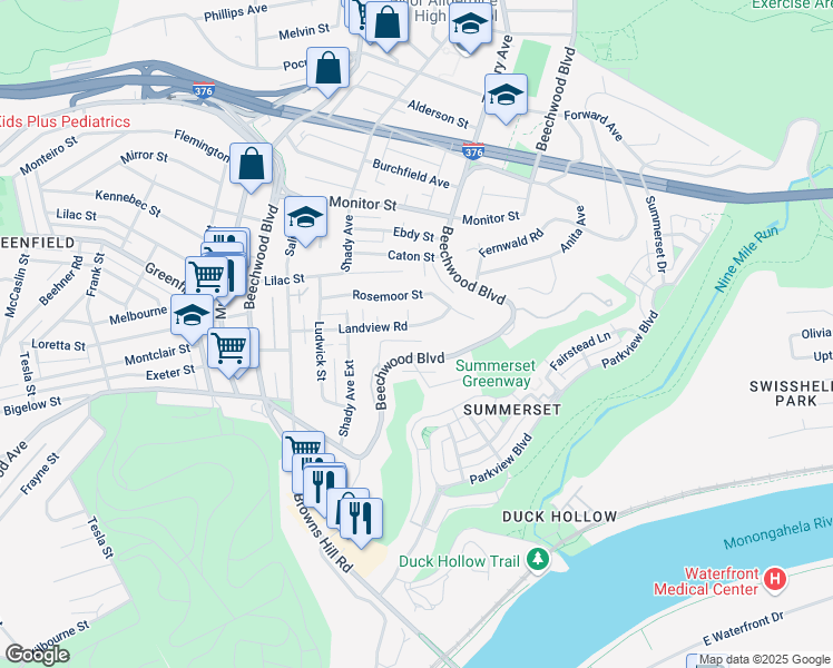 map of restaurants, bars, coffee shops, grocery stores, and more near 6635 Landview Road in Pittsburgh