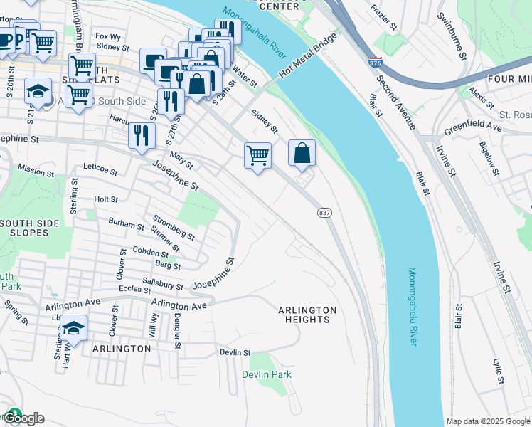 map of restaurants, bars, coffee shops, grocery stores, and more near 3210 Jane Street in Pittsburgh