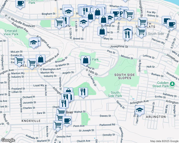 map of restaurants, bars, coffee shops, grocery stores, and more near 164 Saint Paul Street in Pittsburgh