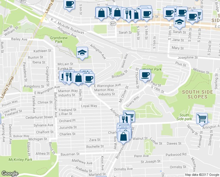 map of restaurants, bars, coffee shops, grocery stores, and more near 969 East Warrington Avenue in Pittsburgh