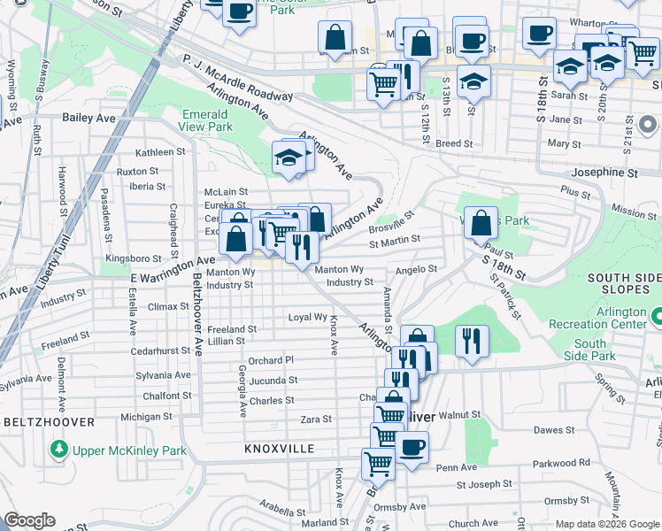 map of restaurants, bars, coffee shops, grocery stores, and more near 929 East Warrington Avenue in Pittsburgh