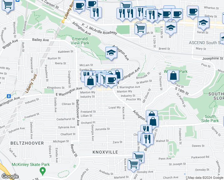 map of restaurants, bars, coffee shops, grocery stores, and more near in Pittsburgh