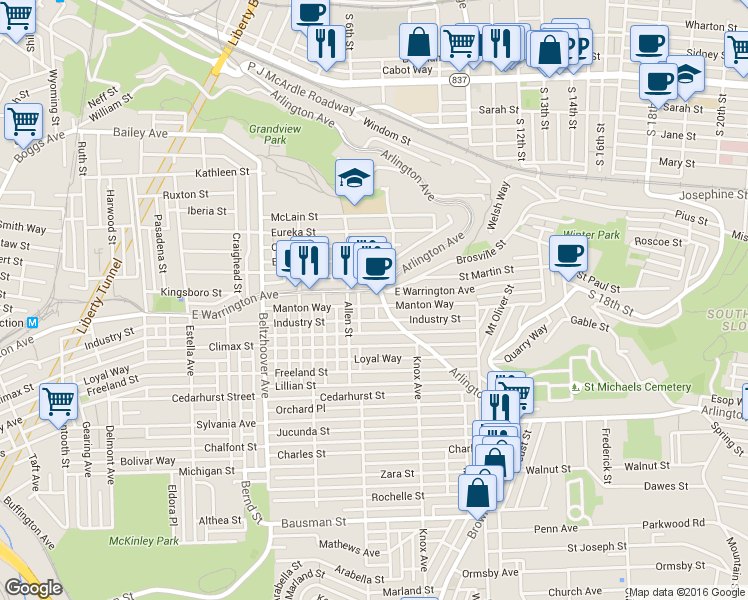 map of restaurants, bars, coffee shops, grocery stores, and more near in Pittsburgh