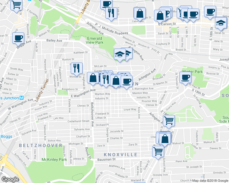 map of restaurants, bars, coffee shops, grocery stores, and more near 803 East Warrington Avenue in Pittsburgh