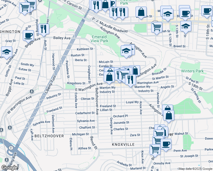 map of restaurants, bars, coffee shops, grocery stores, and more near 617 East Warrington Avenue in Pittsburgh