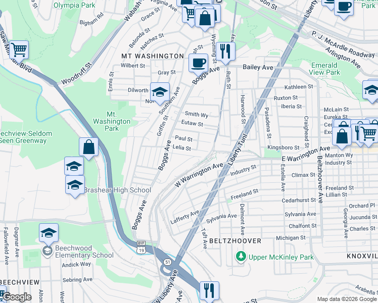 map of restaurants, bars, coffee shops, grocery stores, and more near 247 Lelia Street in Pittsburgh