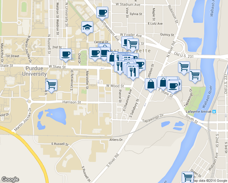 map of restaurants, bars, coffee shops, grocery stores, and more near 261 West Wood Street in West Lafayette