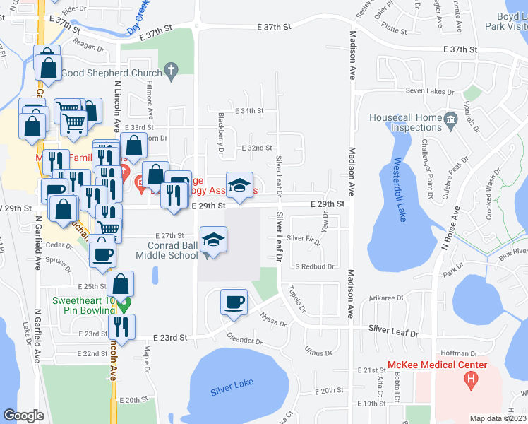 map of restaurants, bars, coffee shops, grocery stores, and more near 915 Red Fir Place in Loveland