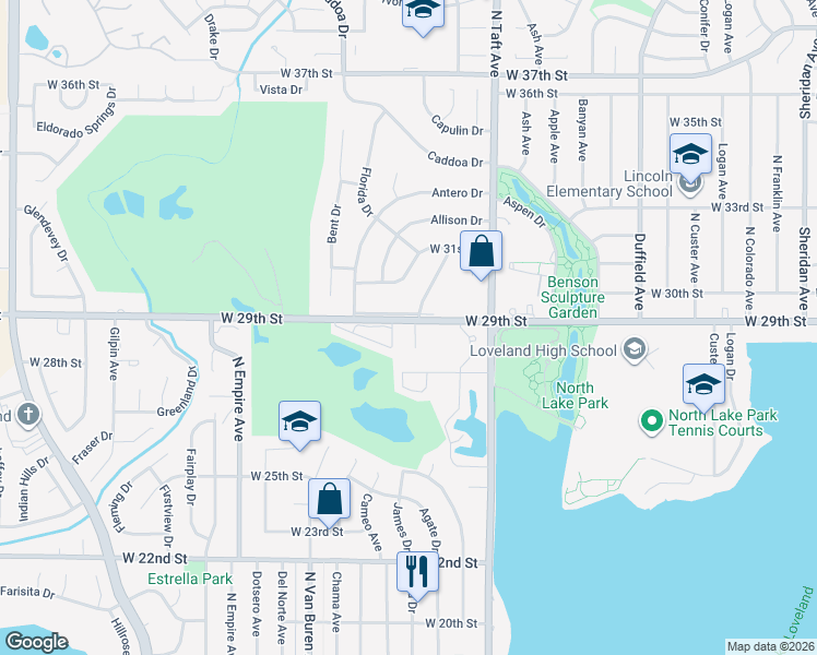 map of restaurants, bars, coffee shops, grocery stores, and more near 1519 West 29th Street in Loveland