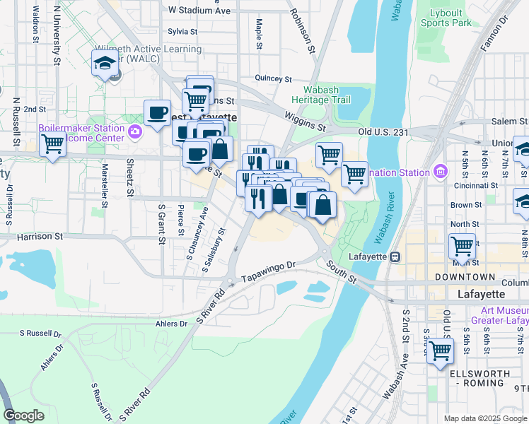 map of restaurants, bars, coffee shops, grocery stores, and more near in West Lafayette