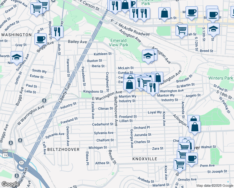 map of restaurants, bars, coffee shops, grocery stores, and more near 600 East Warrington Avenue in Pittsburgh