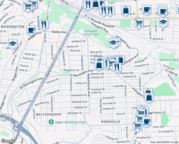 map of restaurants, bars, coffee shops, grocery stores, and more near 617 East Warrington Avenue in Pittsburgh