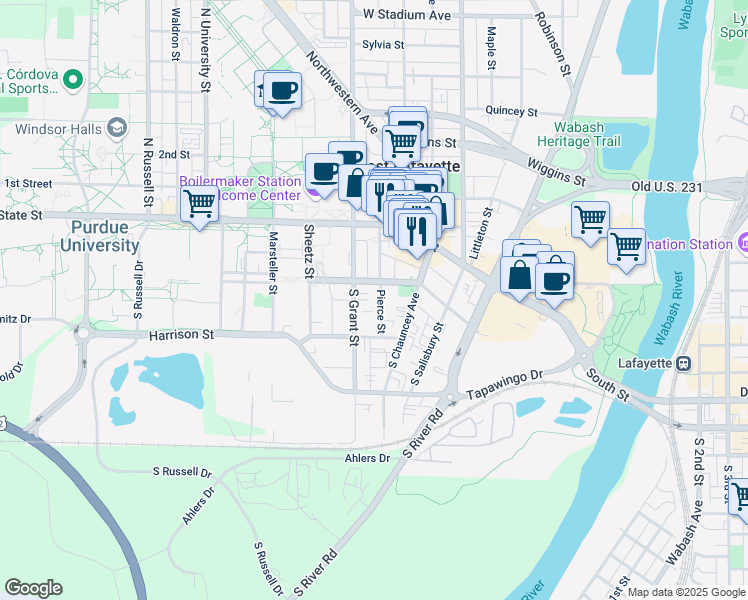 map of restaurants, bars, coffee shops, grocery stores, and more near 217 Pierce Street in West Lafayette