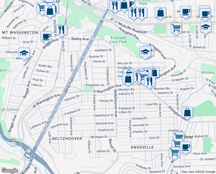 map of restaurants, bars, coffee shops, grocery stores, and more near 127 Craighead Street in Pittsburgh