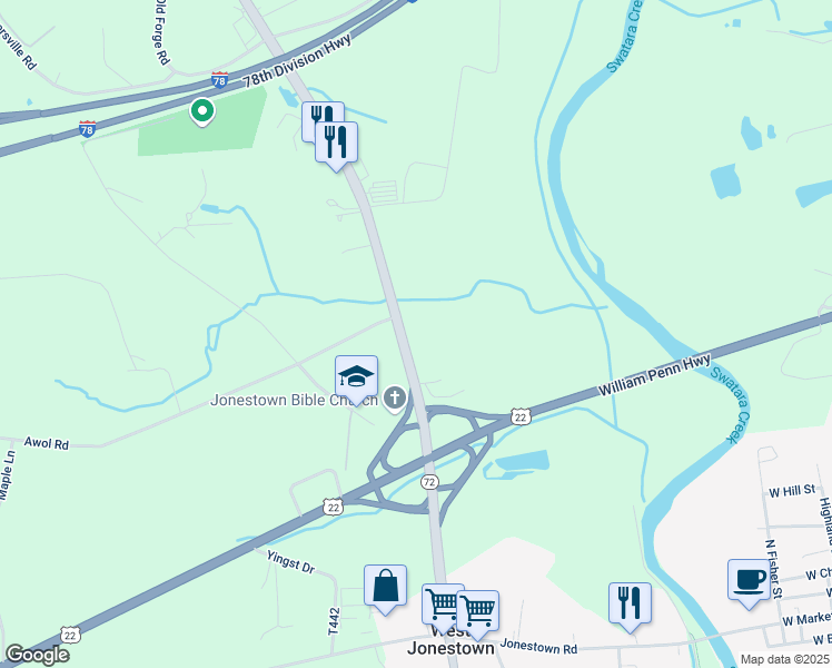 map of restaurants, bars, coffee shops, grocery stores, and more near 2568 Pennsylvania 72 in Jonestown
