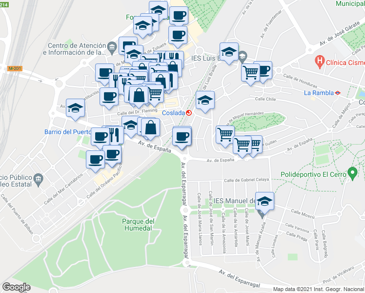 map of restaurants, bars, coffee shops, grocery stores, and more near 23 Avenida de España in Coslada