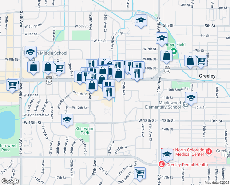 map of restaurants, bars, coffee shops, grocery stores, and more near 1032 26th Avenue in Greeley