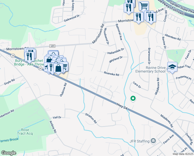 map of restaurants, bars, coffee shops, grocery stores, and more near 184 Heywood Court in Matawan