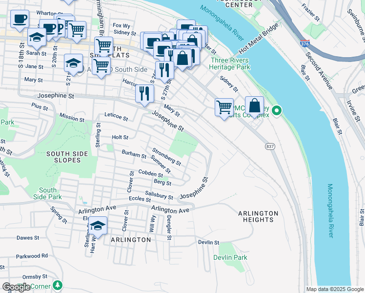 map of restaurants, bars, coffee shops, grocery stores, and more near in Pittsburgh