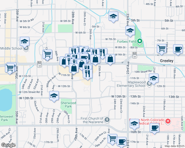 map of restaurants, bars, coffee shops, grocery stores, and more near 1032 26th Avenue in Greeley
